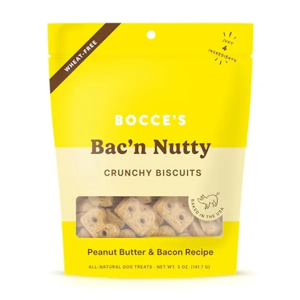 Bocce's Bakery Oven Baked Bac'N Nutty Treats for Dogs, Everyday Wheat-Free Dog Treats, Made with Real Ingredients, Baked in The USA, All-Natural PB & Bacon Biscuits, 5 oz