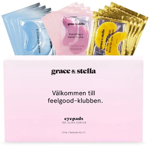 grace and stella Under Eye Mask-Reduce Dark Circles, Puffy Eyes, Undereye Bags, Wrinkles-Gel Under Eye Patches, Vegan Cruelty-Free Self Care (72 Pairs, Gold, Pink & Blue)