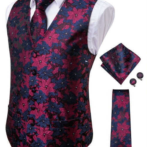 Men's Vintage Elegant Fit Sleeveless Vest Set With Floral Print Formal Suit Waistcoat Tie Cufflinks Hanky For Wedding Party Business