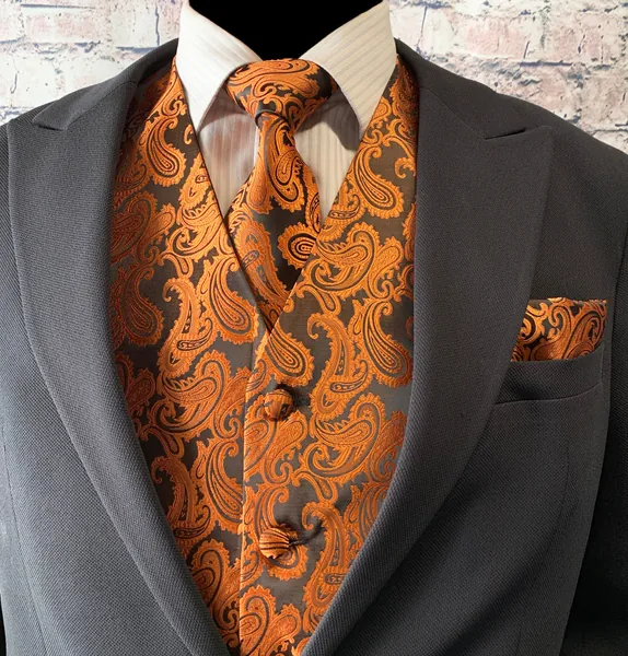 Rust Orange / black Two Tones Paisley Men's Vest Longtie and Pocket Square 3pcs Set for all formal or casual occasion Prom Wedding Party