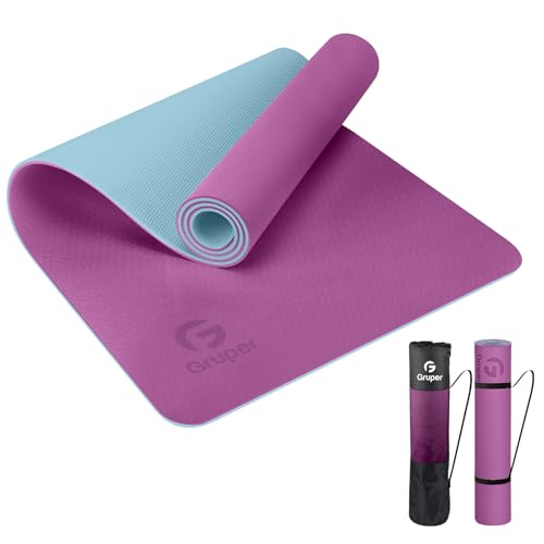 Gruper Yoga Mat Non Slip, Eco Friendly Fitness Exercise Mat with Carrying Strap,Pro Yoga Mats for Women,Workout Mats for Home, Pilates and Floor Exercises - 2.Purple / Teal - 0.24*24*72 Inches