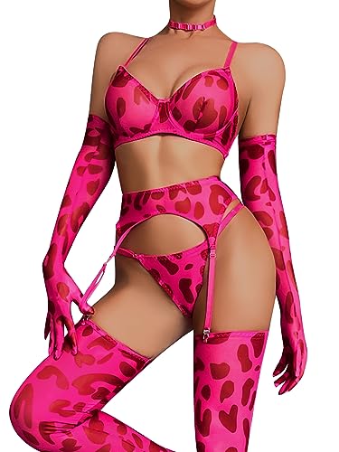 Aphrotiny Women's Leopard Lingerie Sexy Lingerie Set with Stockings & Gloves 6 Piece Bra and Panty Sets with Choker - Rose leopard - Small