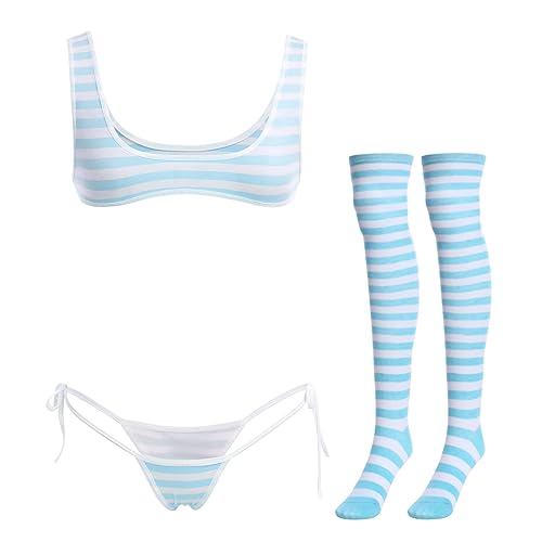 Lingerie set Halter Strap Micro Bra Tiny Panty Garter Belt Striped Stockings  - Blue