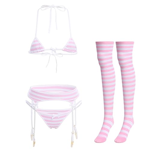 Lingerie set Halter Strap Micro Bra Tiny Panty Garter Belt Striped Stockings - Pink