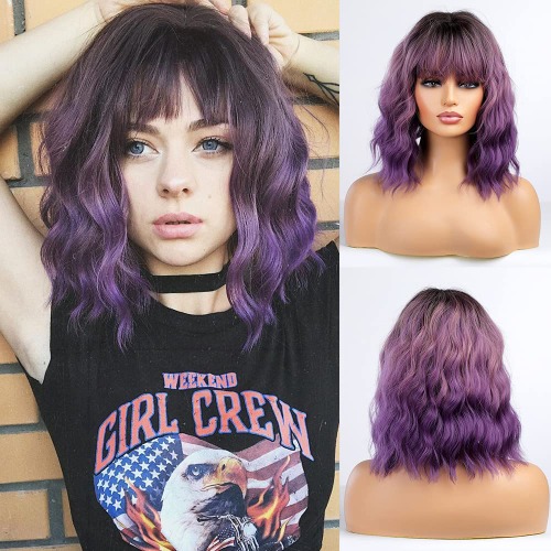 Haoland Purple Wig With Bangs for Women 14” Short Bob Wavy Wig Heat Resistant Colored Wigs Synthetic Wig for Daily Party Use Cosplay (Purple) - Purple