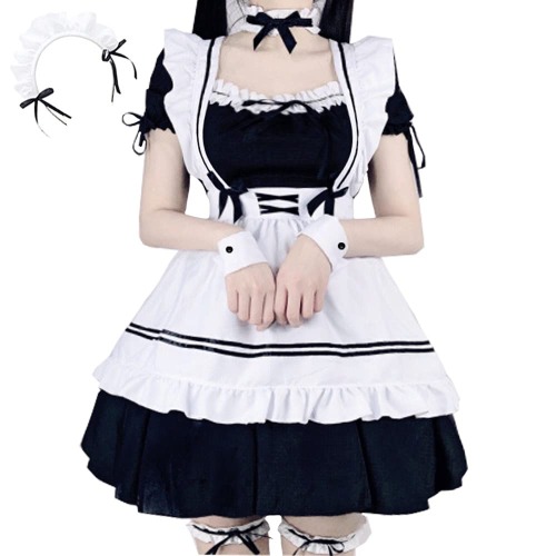 IOPBOT Women's Japanese Anime Maid Cosplay Classic Fancy Apron Maid Dress with Socks - Black Maid Outfit XX-Large