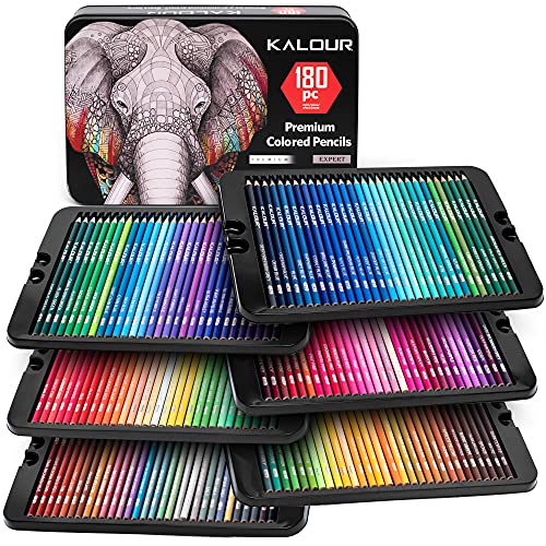 KALOUR 180 Colored Pencil Set for Adults Artists - Rich Pigment Soft Core -12 Metallic Pencil - Ideal for Coloring Drawing Sketching Shading Blending - Vibrant Color（Tin Case） - Multicolor