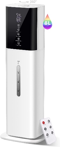 Humidifiers for Bedroom, 2.11Gal 8L Quiet Humidifiers for Large Room with Timer, 360°Nozzle, 3 Speed Ultrasonic Cool Mist Humidifier with Humidistat for Baby, Customize humidity for Home Adults Plants