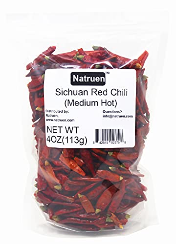 Natruen Whole Dry Szechuan Chinese Red Chili Pods 4oz (Medium Hot), Facing Heaven Chili, Spicy Sichuan Dried Red Hot Chilies for Chili Oil, Paste, and Sauce - Hot