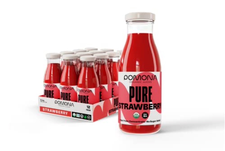 Pomona Organic Strawberry Juice (Pack of 12), Cold Pressed USDA Organic Juices with 100% Strawberries, No Added Sugar, Not From Concentrate, Vegan, Kosher, Non GMO, Pasteurized, 8.4 oz Glass Bottles - Strawberry
