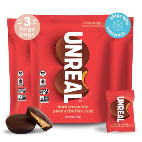 UNREAL Dark Chocolate Peanut Butter Cups (3 Value Size Bags) | Vegan, 5g Sugar | Gluten Free, Fair Trade, Non-GMO | 9.5oz each - 9.5 ounce (Pack of 3)