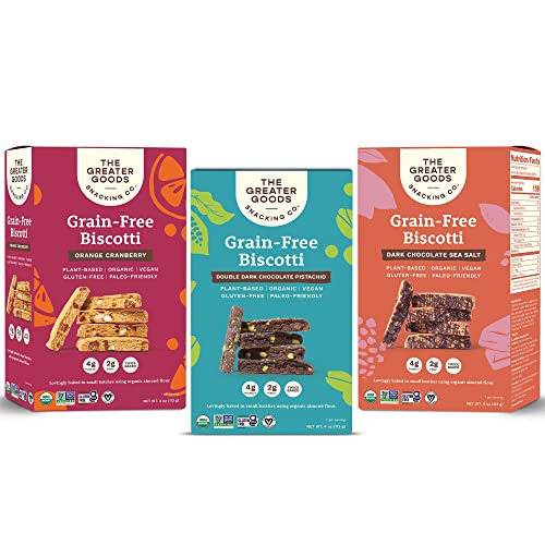 The Greater Goods Snacking Co. Sampler Pack Biscotti - Organic, Vegan, Grain Free, Gluten Free, and Paleo Friendly - Delicious Small Batch Almond Flour Baked Snacks - 3-Pack - Sampler (1 Each) - 1 Count (Pack of 3)