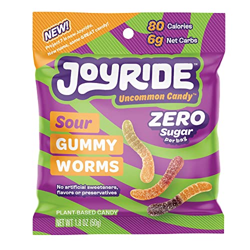 JOYRIDE by Project 7 Keto Gummies, Sour Gummy Worms – Keto Candy with 3g Sugar & 6g Net Carbs – Low Calorie Snacks – Vegan Gummy Candy with no Sugar Alcohols (Zero Sugar, 1.7oz (Pack of 8)) - Zero Sugar, 1.7oz (Pack of 8)