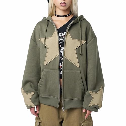 Karwuiio Women Y2k Zip Up Hoodies Star Graphic Long Sleeve Jackets Hip Hop Harajuku Oversized Hooded Sweatshirt - Gray Green - Small