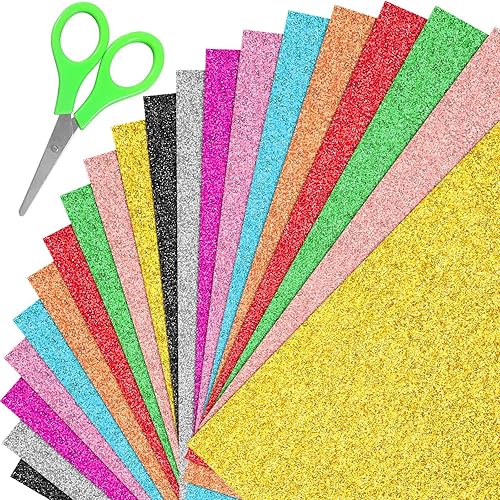 Glitter Cardstock Paper, 20 Sheets 10 Color Sparkly Shinny Craft Sheets A4 Glitter Paper for Crafts DIY Party Graduation Decor, Includes Children Safety Scissors(Multi Color)