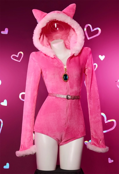 Peach Derivative Sexy Lingerie Bodysuit Plush Homewear Romper and Socks with Belt and Tail