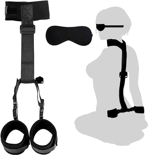 BDSM Neck to Wrist Restraints Bondage Set - Behind Back Handcuffs Collar with Blindfold Adjustable Bondage Set Bed SM Games Play Sex Toys for Couples - Black