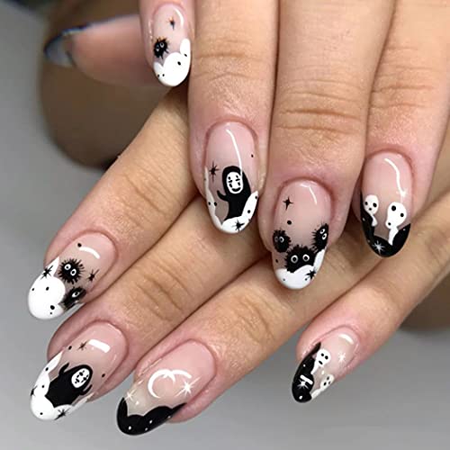 Aksod Ghost Press on Nails Short Glossy Virus Fake Nails Almond Cartoon Designed False Nails Tips Full Cover Cute Halloween Easter Festival Artificial Nails Sets for Women and Gilrs 24Pcs (Style G) - Style G