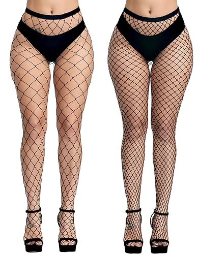 PERAMBRY Women's Fishnet Tights High Waist Fishnet Tights Black Fishnet Stockings Mesh Fishnet - One Size - Black 2 Packs -1 L Hole+1 Xl Hole
