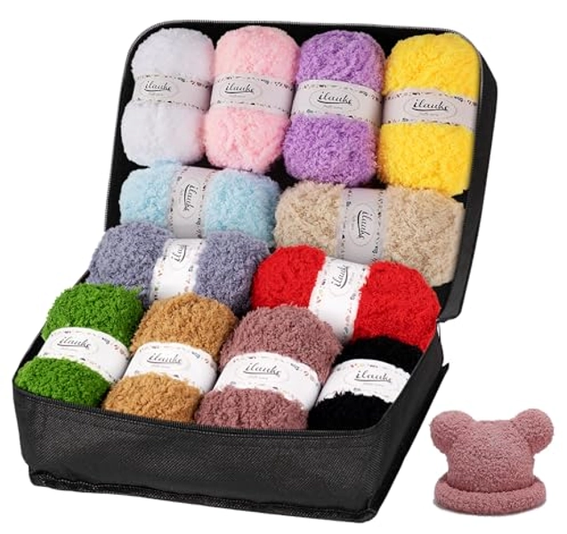 ilauke Fluffy Yarn 12x50g, Fluffy Wool for Knitting, Flutterby Chunky Yarn for Crochet, Plush Yarn Soft Wool for Blanket, Baby Clothes, Dolls, Rug