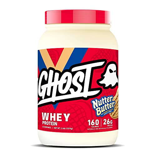 GHOST WHEY Protein Powder, Nutter Butter - 2lb, 26g of Protein - Whey Protein Blend - ­Post Workout Fitness & Nutrition Shakes, Smoothies, Baking & Cooking - Cookie Pieces Inside - Nutter Butter