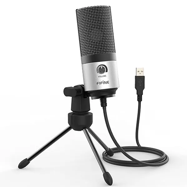 FIFINE Recording Microphone with Volume Control for Zoom, Video Meeting, Online Class on PC/Laptop, Metal Condenser Desktop Mic for Windows and Mac, Silver - K669S - Silver
