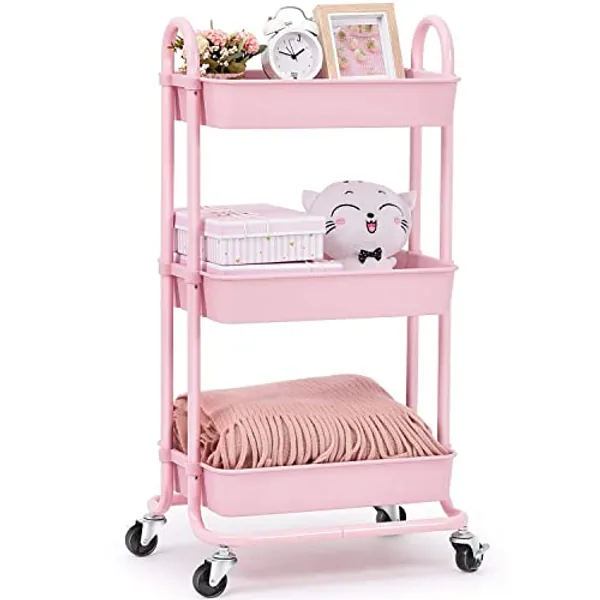 TOOLF Utility Cart, 3 Tier Rolling Storage Cart with Wheels, Storage Organizer for Lash Makeup Diaper Baby Nursery, Serving Baskets Trolley for Home, Office, Kitchen, Bathroom (Pink)