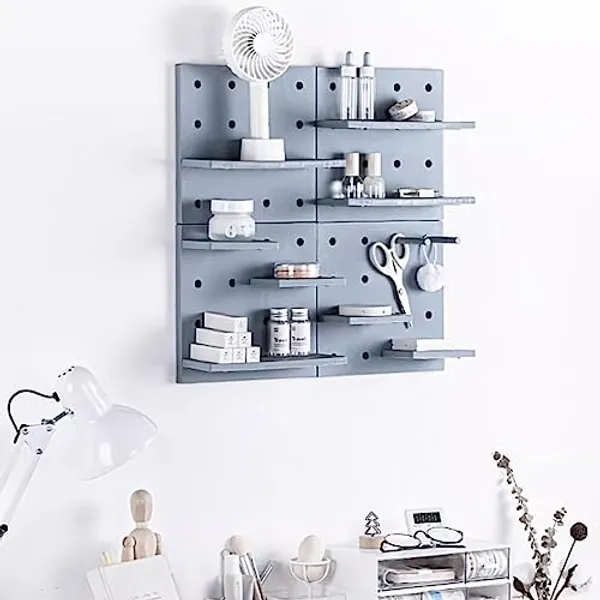 HGYZE Peg Boards for Walls with Shelf & Hooks, No Punching Craft Room Storage for Bedroom Garage Living Room Office, Pegboard Ledges Organizer, 4 Pack Decorative Wall Panel Kits - 22cm (Gray)