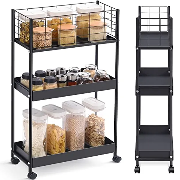 KINGRACK 3-Tier Metal Rolling Utility Cart, Slim Storage Cart, Slide Out Storage Cart, Small Rolling Trolley Kitchen Cart, Cart for Bathroom Laundry Room Office Narrow Place, Black
