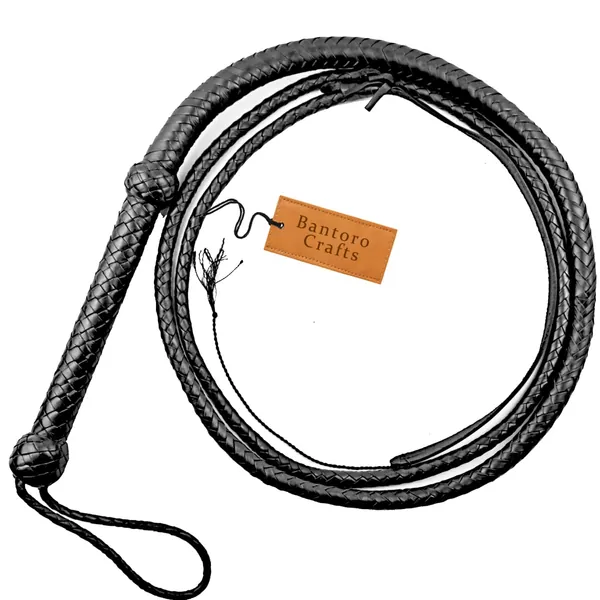 Zwart Echt lederen zweep 12 vlechten Strengen Gevlochten leer Stierenzweep Luid krakende zweep Paardrijden Paardensport - 8 voet (2,4 meter)