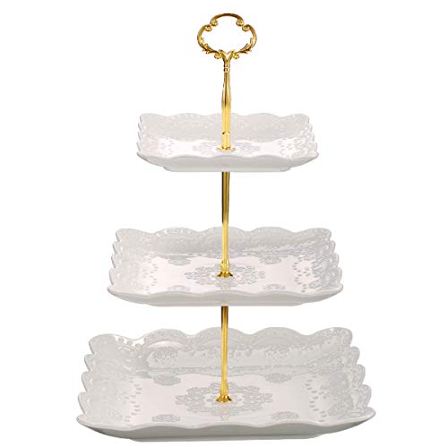 Sumerflos 3 Tier Porcelain Cupcake Stand, Tiered Serving Cake Stand, Square White Embossed Dessert Stand, Weddings Parties Pastry Serving Tray - A-white