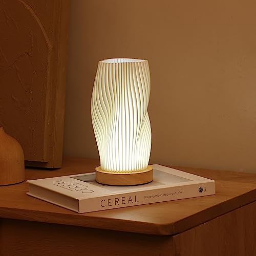 UYKKE Bedside Lamp with Woodbase - Button Control Table Lamp for Bedroom 12 Way Dimmable Nightstand Lamp with PLA Lampshade for Living Room, Kids Room (Without Charging Adapter) - Small