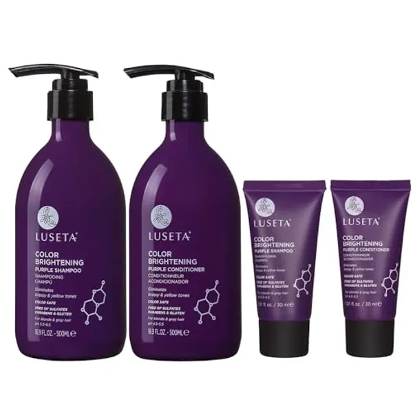 Luseta Purple Shampoo Full + Travel Size Shampoo + Conditioner Set for Blonde, Gray Color Treated Hair Sulfate Free Paraben Free for Curly and Damaged Hair(2x16.9 FL Oz + 2x1.01 FL Oz) - Purple (full+travel size) - 1.12 Pound (Pack of 2)