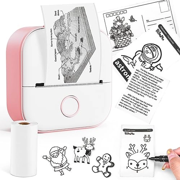 Memoking Mini Thermal Printer - T02 Pocket Compact Bluetooth Wireless Portable Mobile Printer, 203dpi Black and White Printing for Gift Study Notes Work Children, Compatible with iOS & Android, Pink
