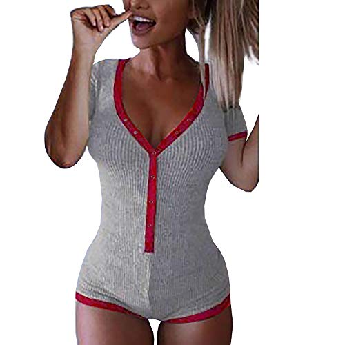 Roselux Women's Sexy Deep V Neck Shorts Long Sleeve Knitted One Piece Bodysuit Sexy Pajama Onesie Bodycon Rompers Overall - Large - Short Sleeve-gray&wine