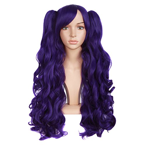 MapofBeauty Lolita Long Curly Clip on Ponytails Cosplay Wig (Dark Purple) - Dark Purple