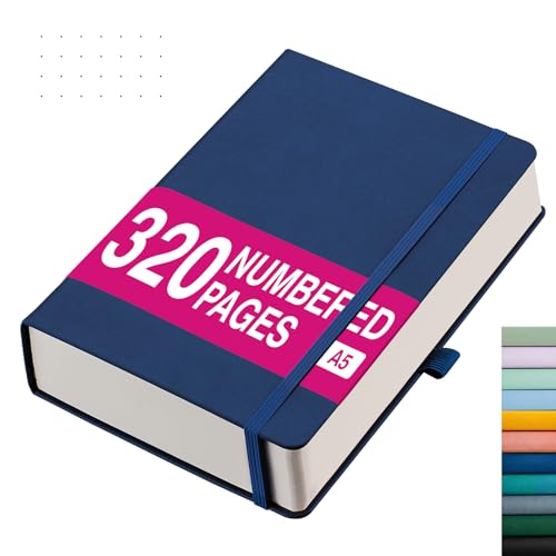 RETTACY A5 Bullet Dot Grid - Dotted Notebook with 320 Numbered Thick Journal Leather Hardcover 100gsm Paper Pen Holder, Inner Pocket, 2 Free Journal Stencils 14.5 x 21cm-Blue - Blue - A5-Dotted