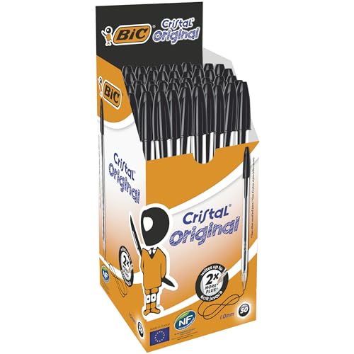 BIC Cristal Original Smudge Free Ballpoint Pens, Ideal for School, Black, Medium Point (1.0mm), Pack of 50 - Black - 1 count (Pack of 50)