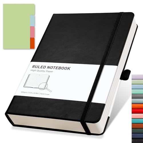 RETTACY Lined Journal Notebook - A5 Note Book Hardcover Notepad 192 Numbered Pages for Writing,100gsm Lined Paper, Leather Hardcover, for Women Men Work Office School,14.5 x 21cm - Black - Black - A5
