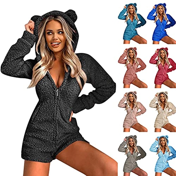 FAVIPT Winter Plus Size Zip Up Bear Ear Romper Fleece Onesie Pajamas for Women,Warm Solid Plush Hooded Jumpsuit Sleepwear Set