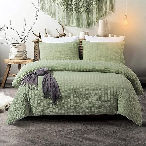 King Size Green Classic Seersucker Duvet Cover for Teens Adults Seersucker Bedding Set with 2 Pillowcases Puckering Duvet Cover Set with Zipper Closure 220×230cm - King Size 220x230cm - Green