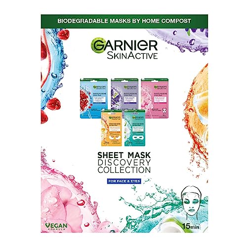Garnier Sheet Mask Discovery Collection, Face & Eye Sheet Mask set for Dehydrated, Dull and Tired Skin, with glycerin and hyaluronic acid - Pack of 5 Sheet Masks - Discovery Collection, Face & Eye Sheet Mask - 5 pack