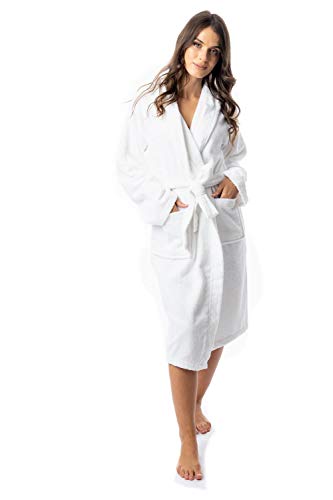 Daisy Dreamer Womens Robe Luxury Terry Towelling 100% Cotton Dressing Gown Bathrobe Highly Absorbent Ladies Hooded Bath Wrap - L - White