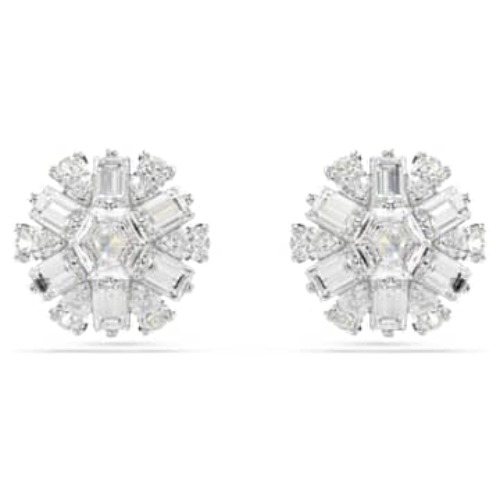 Idyllia stud earrings, Mixed cuts, Snowflake, White, Rhodium plated