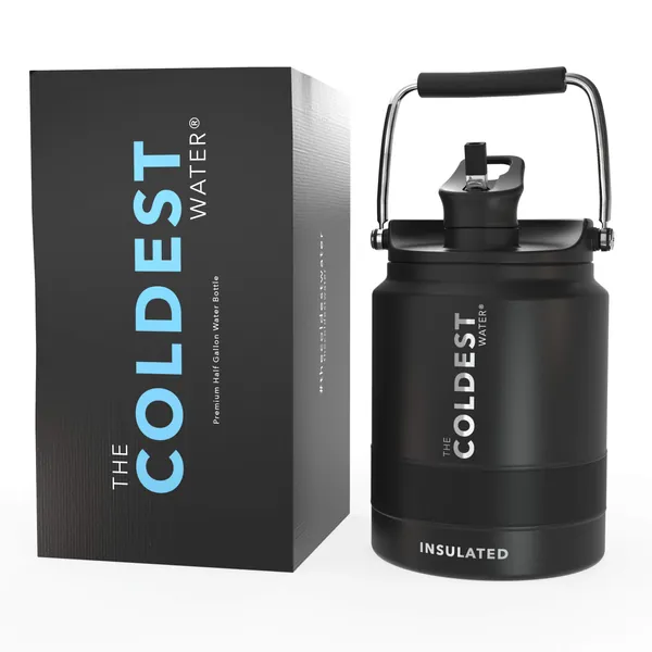 COLDEST Sports Water Bottle Half Gallon, 64 oz, 1/2 Gallon (Straw Lid), Leak Proof, Vacuum Insulated Stainless Steel, Hot Cold, Double Walled, Thermo Mug, Metal Canteen Growler Jug