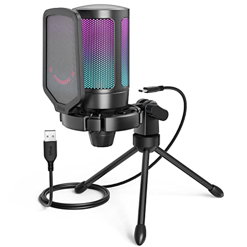 Fifine USB Gaming Microphone for Computer PC PS5, RGB Condenser Mic with Quick Mute, Gain Control, Tripod Stand, Pop Filter, Shock Mount, for Streaming Discord Twitch YouTube Videos - Black
