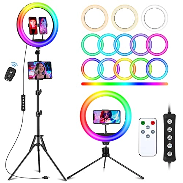 STALLY 12.3" Ring Light with Stand 75 Tall and 2 Phone Holder, Ring Light Tripod for iPhone with 3 CCT Mode & 29 Color Modes, Remote Shutter, Desk Tripod, Great for Live Stream/Makeup/YouTube/TikTok