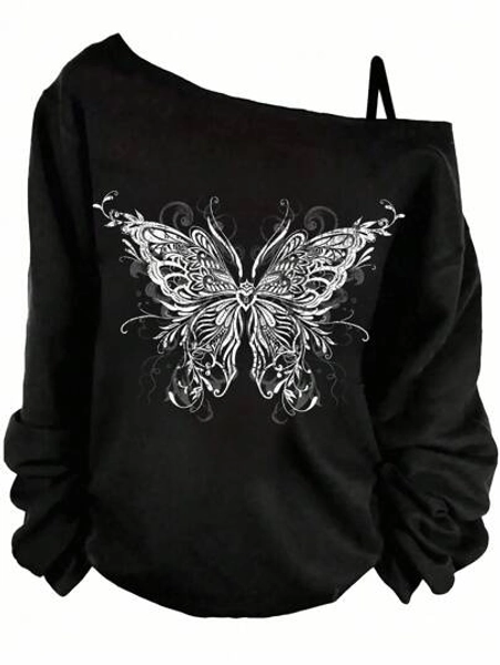 SHEIN Essnce Women's Casual Butterfly Pattern Drop Shoulder Long Sleeve T-Shirt