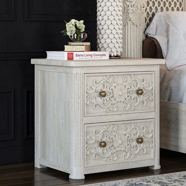 Gallatin Handcarved Solid Wood Nightstand With 2 Drawers