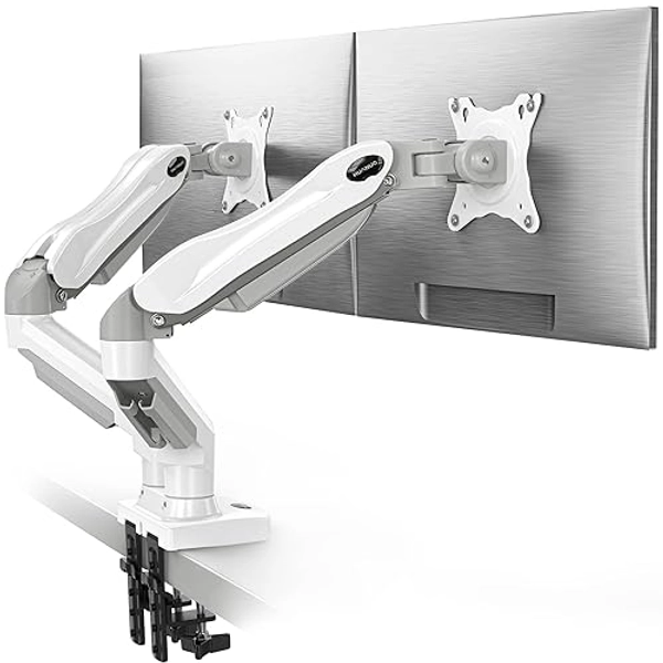 HUANUO Dual Monitor Mount-Monitor Stand with C Clamp/Grommet Mounting Base up to 32 Inch Computer Screens,Adjustable Spring Dual Monitor Arm with VESA - Each Arm Holds 4.4 to 19.8lbs - White